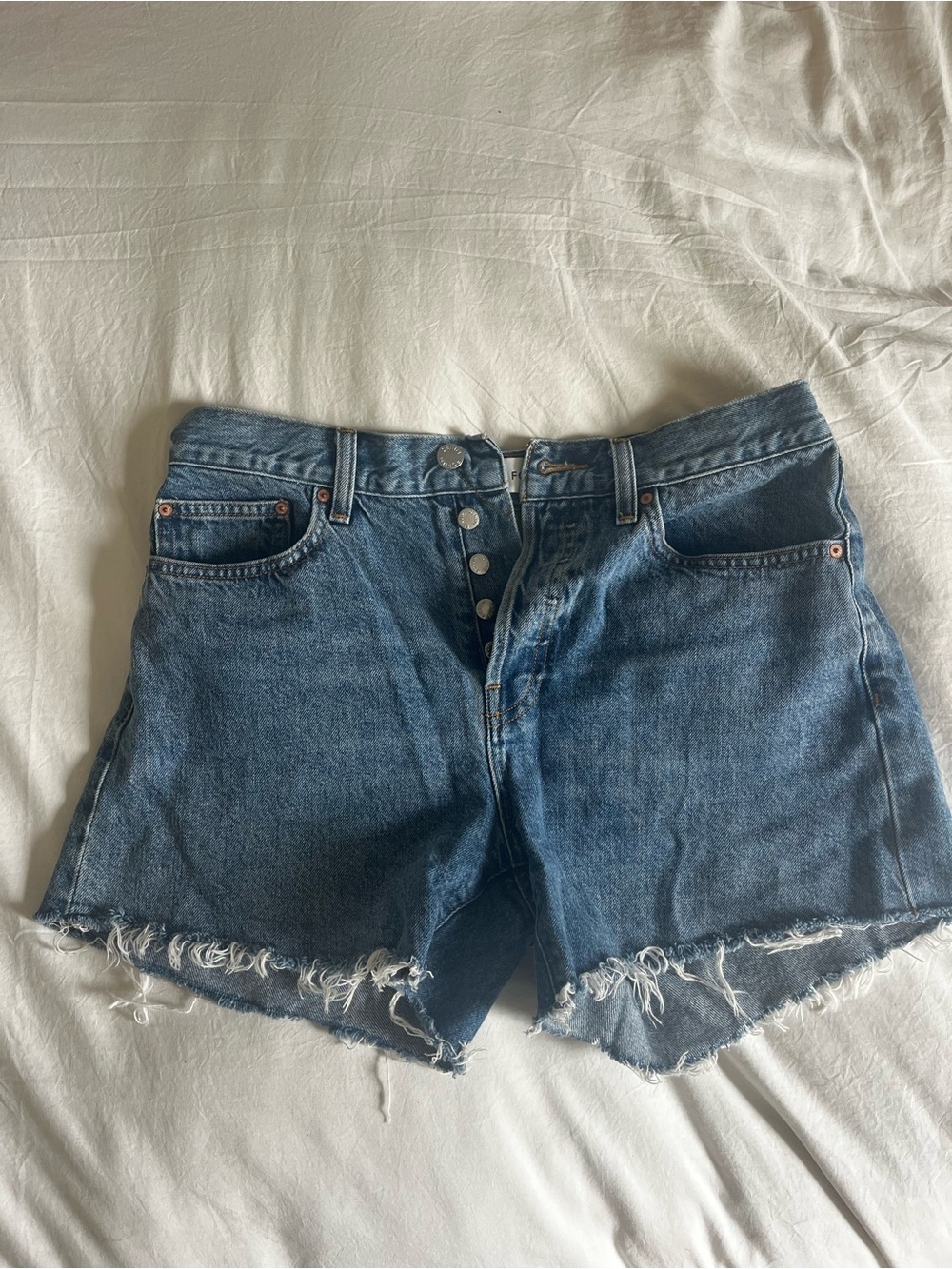 Denim Forum Medium Blue High-Rise Button-Front Frayed Denim Shorts